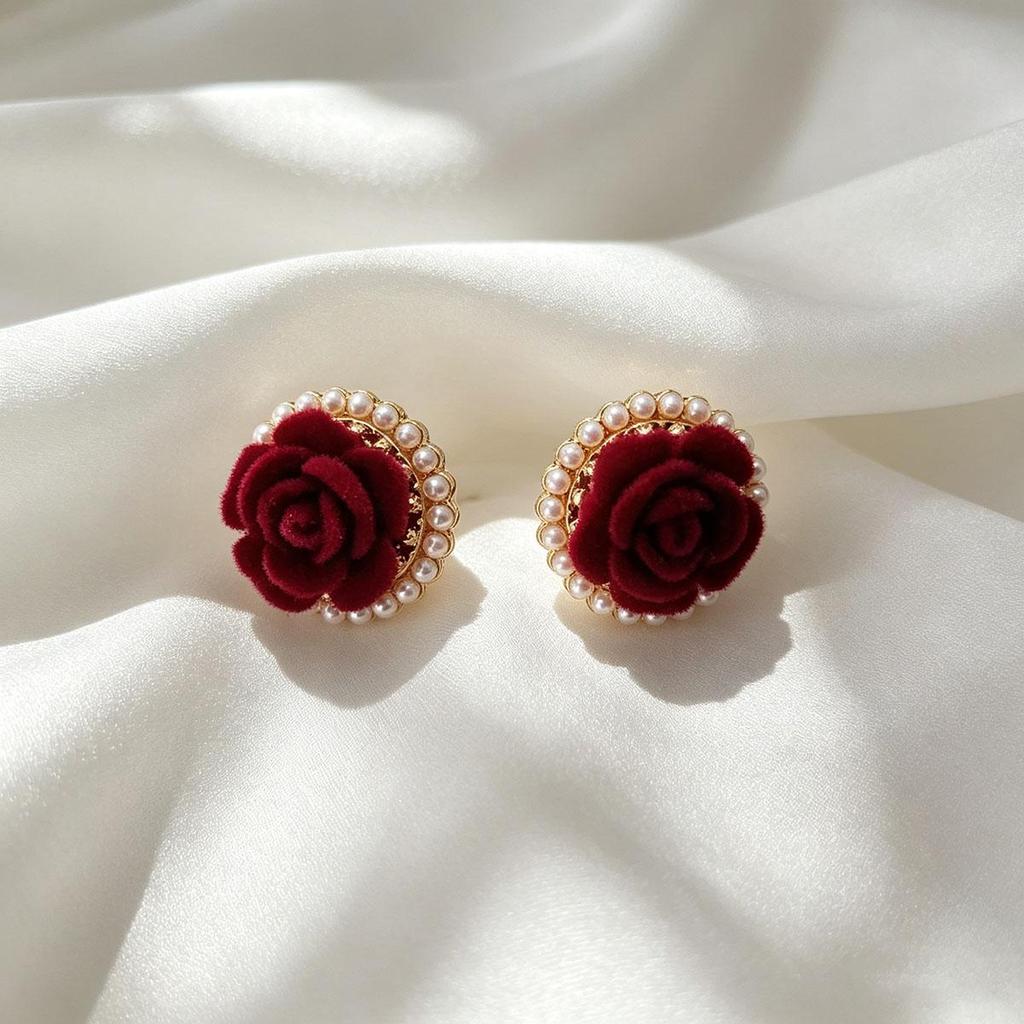 Ankara Red Flower Bead Stud Earrings for Women, Versatile Daily Temperament Unique Earrings, Korean Simple New Ear Accessory