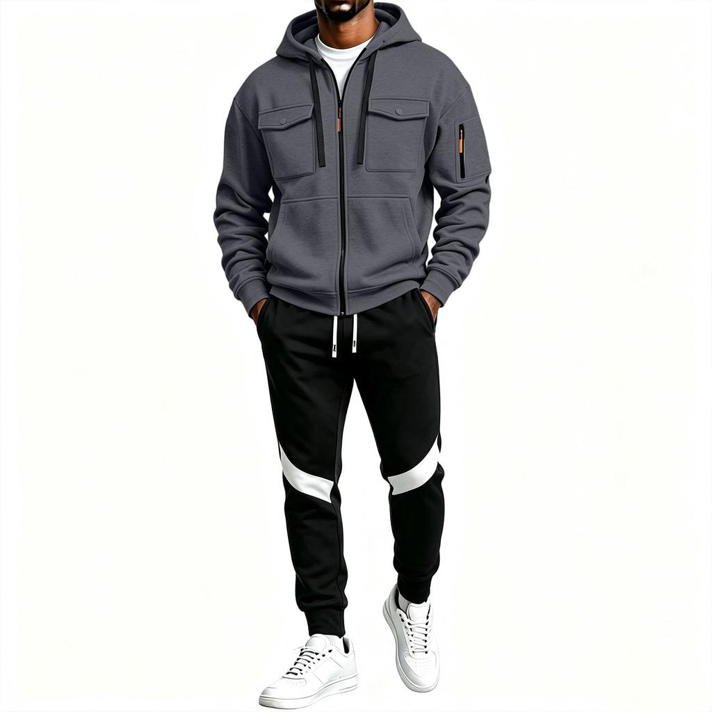 Men's Casual Tracksuit Set with Multi-Pocket Full Zip Hoodie and Black Sweatpants