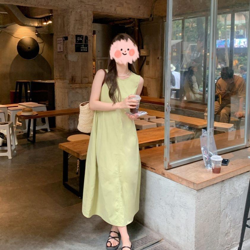 Korean Thin Small Fresh Green Vest Dress Women's Spring New Medium and Long Casual Loose Skirt