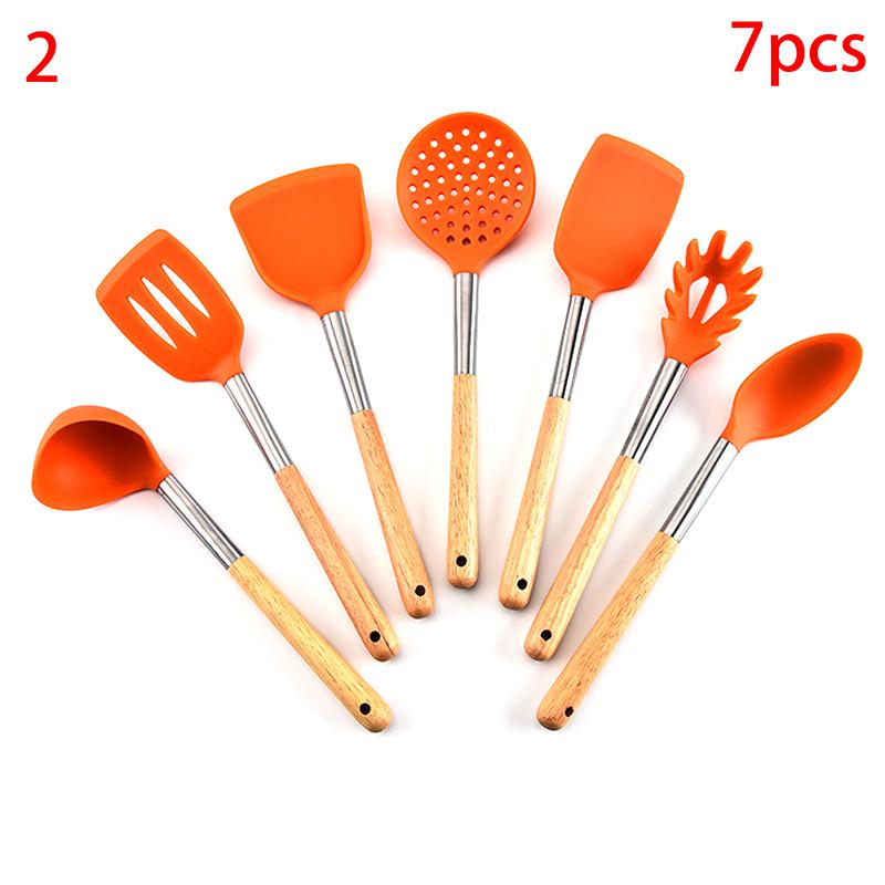 Silicone Kitchenware Non-Stick Heat-Resistant Cookware Kitchen Utensils Set Spatula Shovel Spoon Wooden Handle Cooking Tool Set
