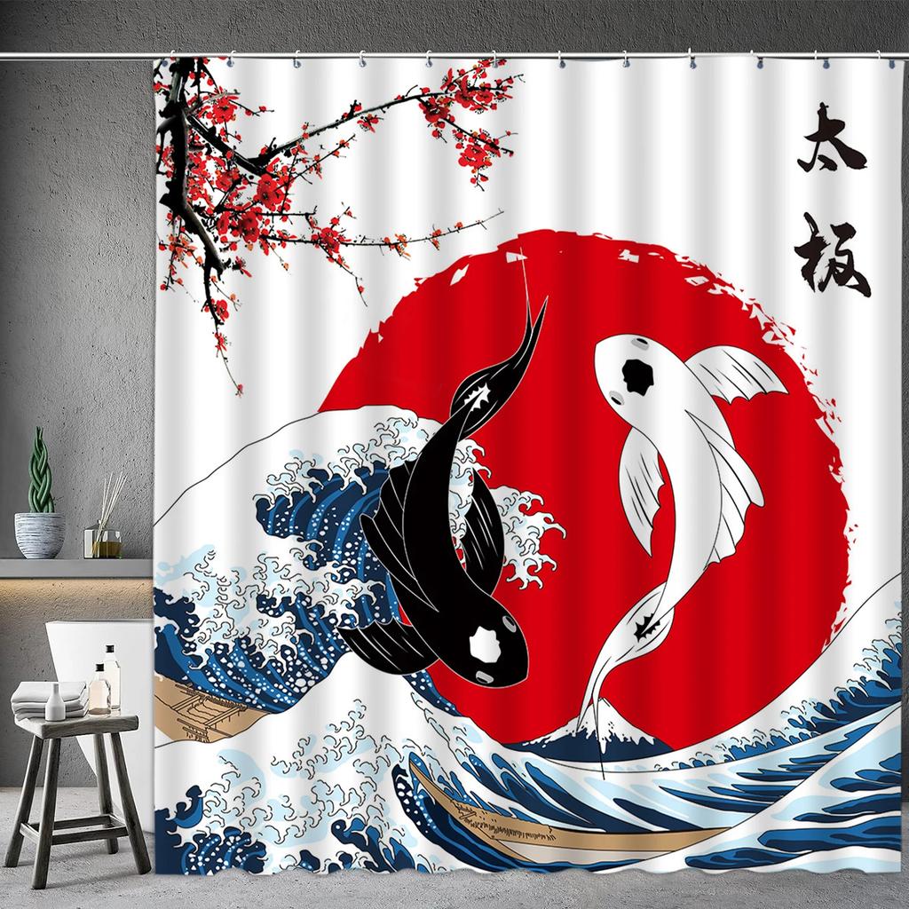 Asian Shower Curtain Japanese Traditional Black and White Mt. Fuji Cherry Blossom Fish Waves Red Sun Octopus Bathroom Decoration