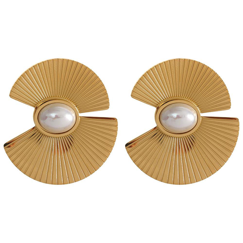 Yhpup Charm Fan Imitation Pearl Flowers Stainless Steel Hyperbolic Fashion Big Stud Earrings Trendy Personality Jewelry Women