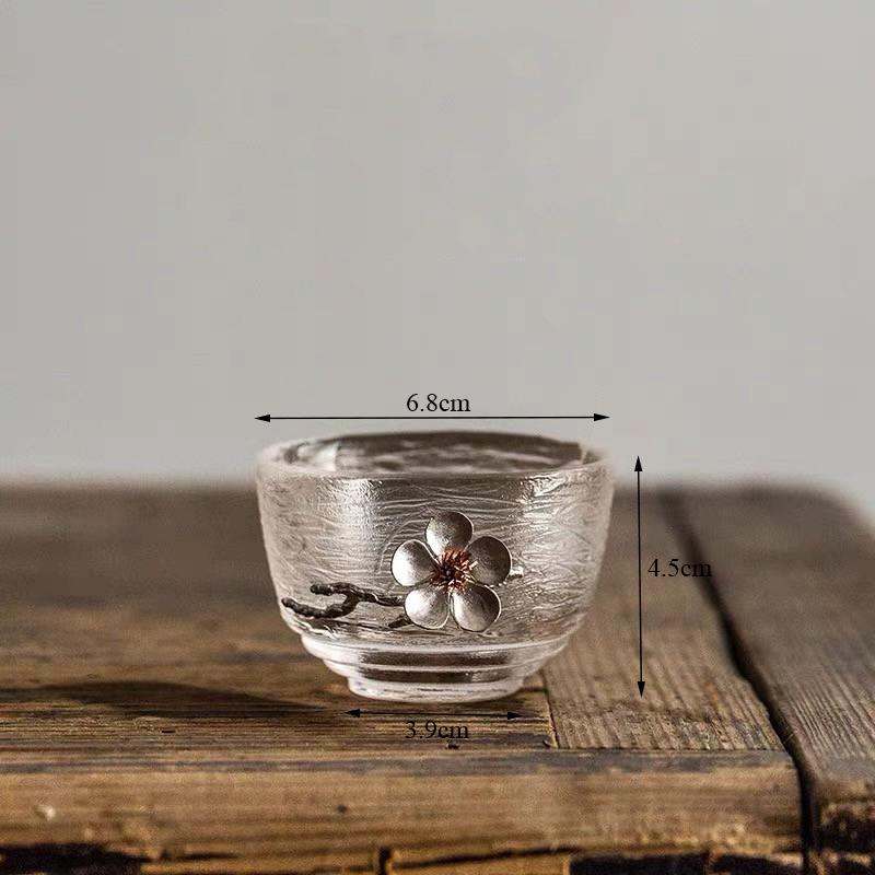 Japanese Style Glass Tin Plum Blossom Water Cup Flower Kung Fu Tea Drinking Mug Transparent Teacup