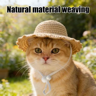 Cappello di Paglia a Forma di Petalo per Gatto Cappello da Sole con Cinturino Regolabile Cappello da Spiaggia Estivo Cappello Intrecciato Protezione Solare per Cani Piccoli Gatti