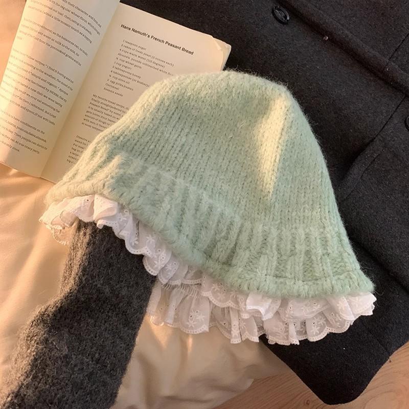 Lazy wind lace knitted bucket hat women's autumn and winter versatile thermal basin hat showing face small wool hat