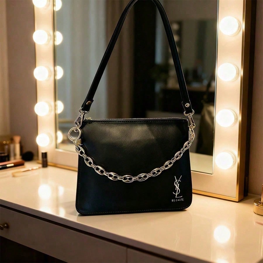 Handmade DIY Black Square Bag, with a Retro and High-end Style, Adorned with Golden Chains and Classic Logo.