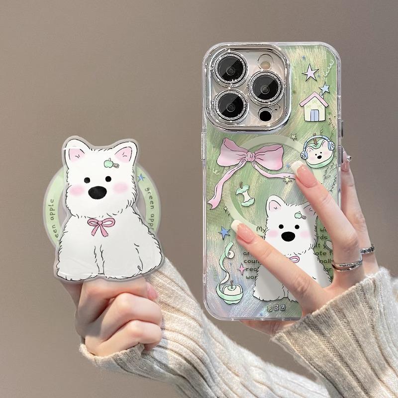 Cute Animal Magnetic Stent Suitable for Apple 15 Feather Yarn Mobile Phone Case 14PRO Full-inclusive Lens Film 13/12