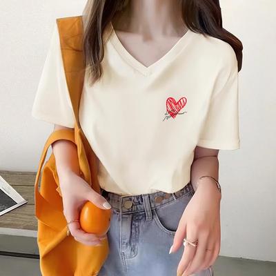 Reine Baumwolle neues bedrucktes Buchstaben-Liebe Kurzarm-T-Shirt Damen Sommer locker und vielseitig Halbarm Weiß
