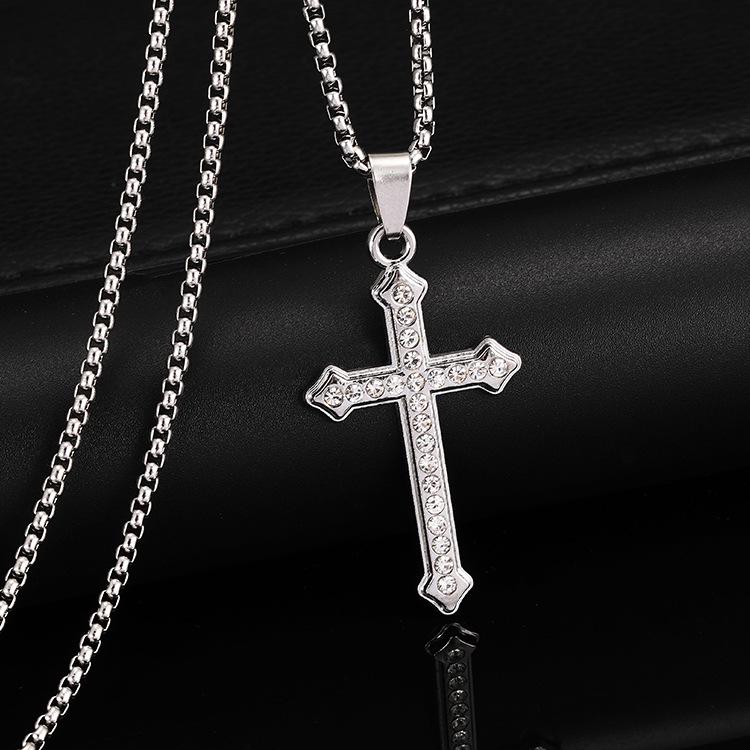Gold-Plated Cross Pendant Necklace with Inlaid Diamonds - Fashionable, Non-Fading Sweater Chain Gift for Men