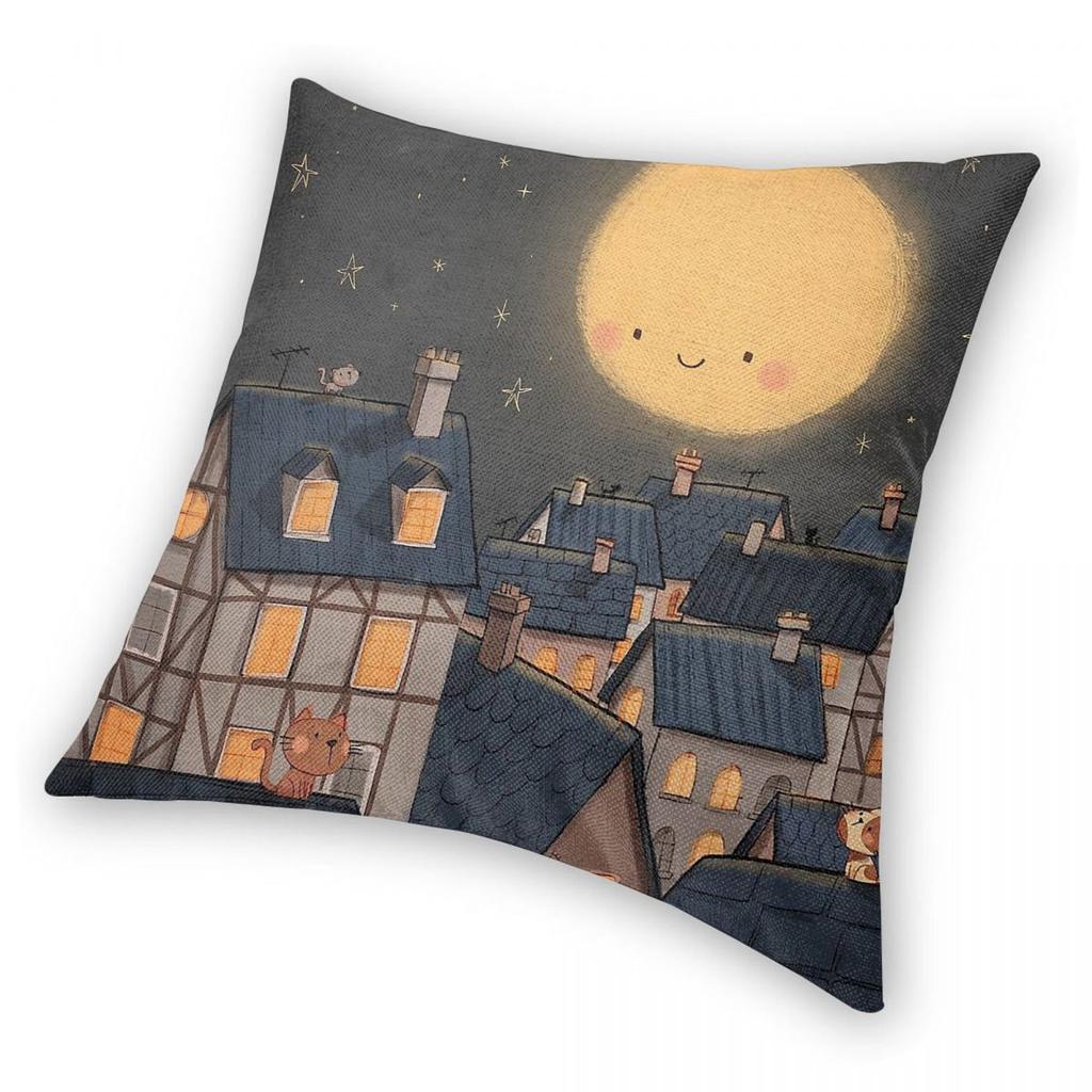 Good Night Moon Cat Town Square Pillowcase Polyester Linen Velvet Printed Zip Decor Throw Pillow Case Car Cushion Case