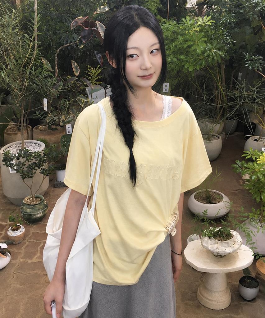 Seuteulaipeumagalin Margarine One-Shoulder Applique Logo Short Sleeve Lemon