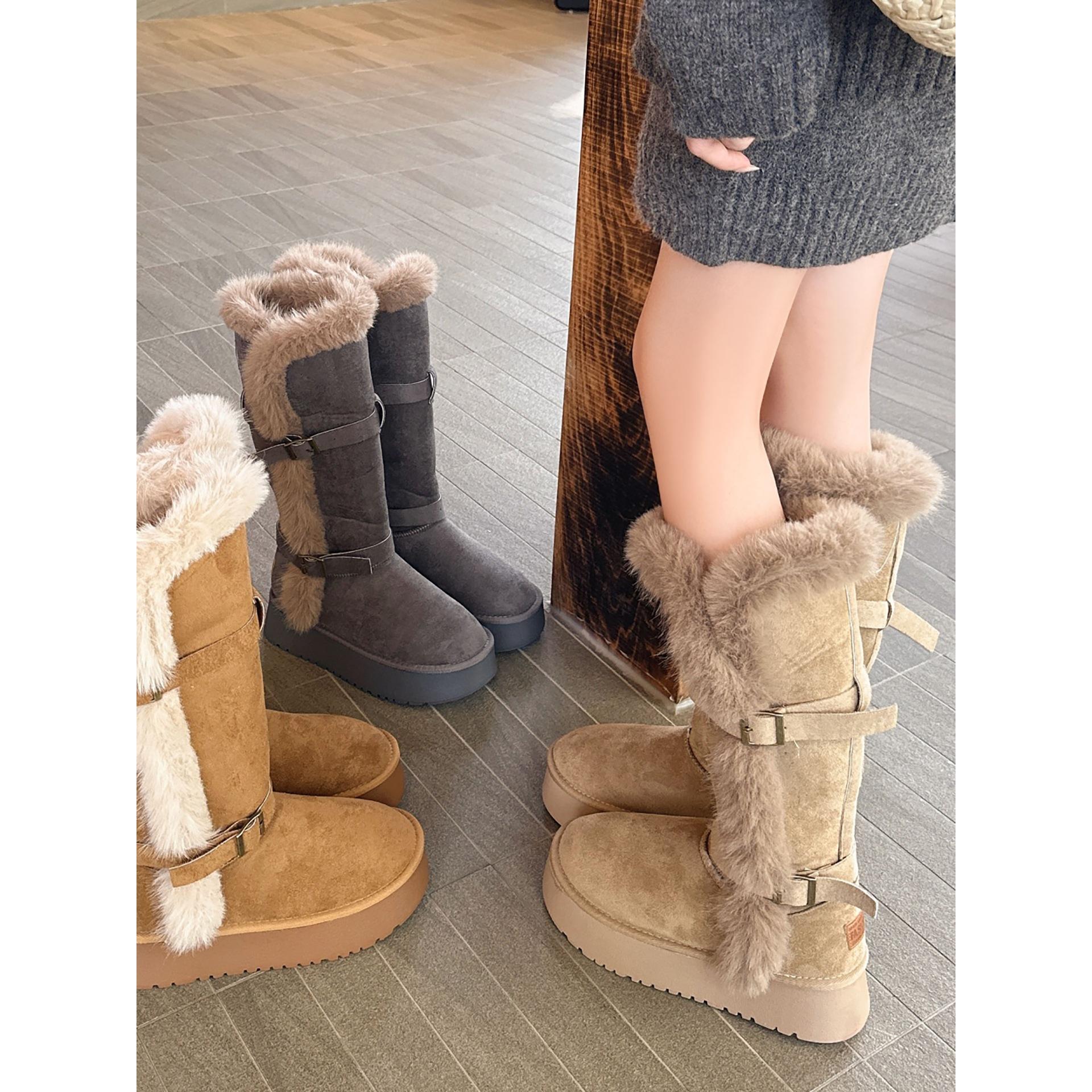 Grey velvet thickened thick-soled long-tube snow boots winter warm Northeast cotton shoes 35