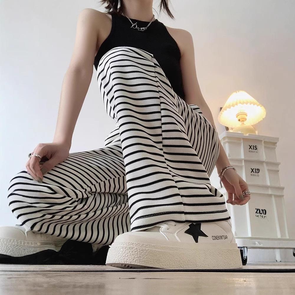 

Women s High-Waisted Black & White Striped Wide-Leg Summer Pants 2025: Loose, Drape, Casual Fit L (106-115 jin)