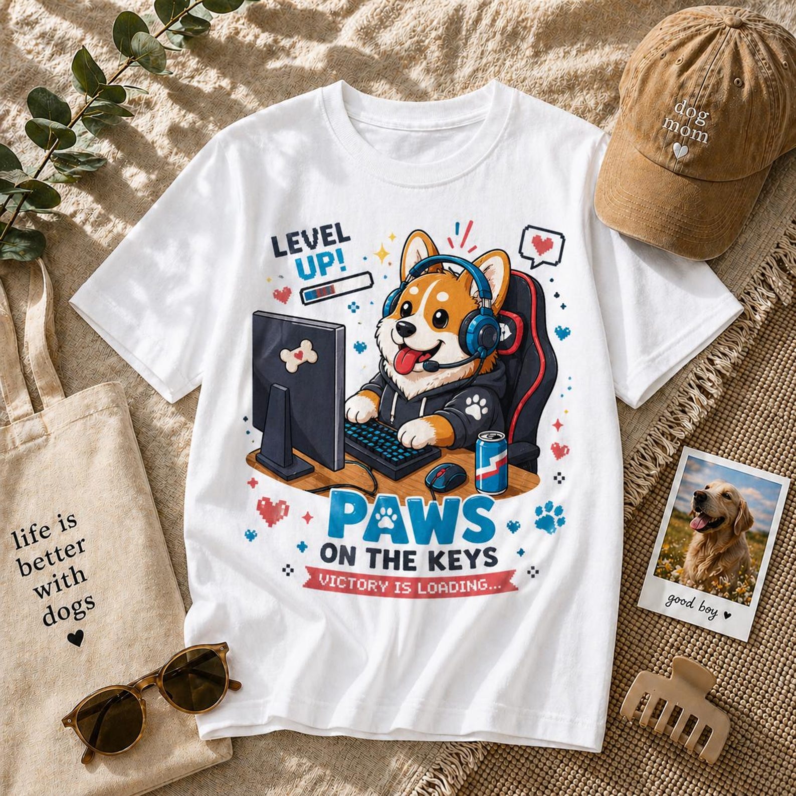 Gamer Corgi T-Shirt, Paws On The Keys, Dog Lover Tee, Video Game Shirt S