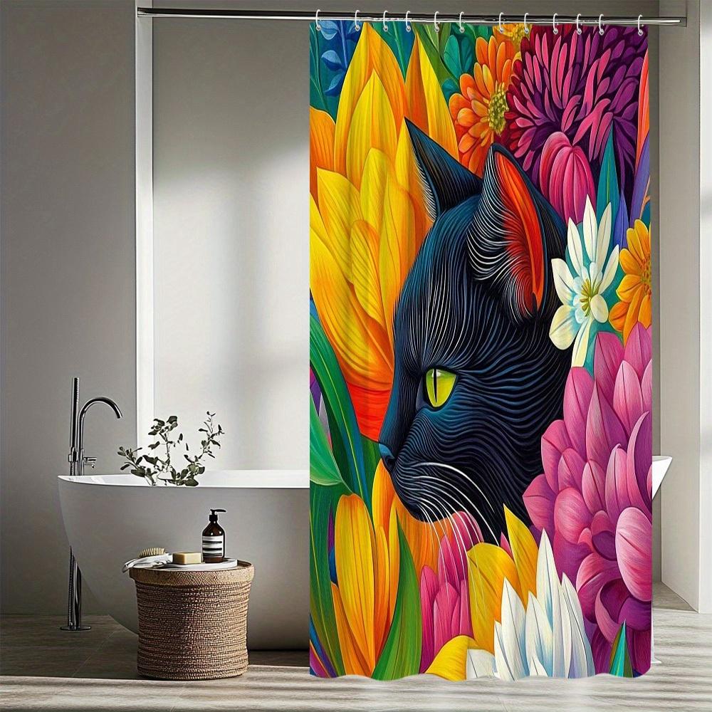 1Pc Animal-Themed Shower Curtain With Cat Illustration And Floral Elements, Creative Design For A Beautiful And Vibrant Bathroom
