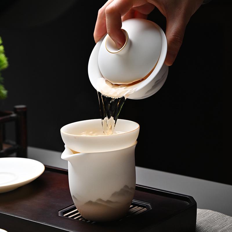 Kung Fu Mutton Fat Jade Gaiwan Teapot Set - Gold-Painted Luxury Tea Set