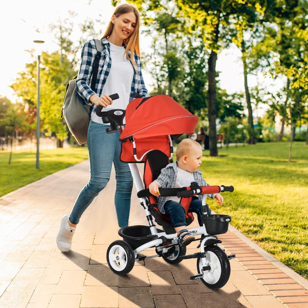 Metal Frame 6 in 1 Baby Push Tricycle with Parent Handle for 1-5 Years Old, Red