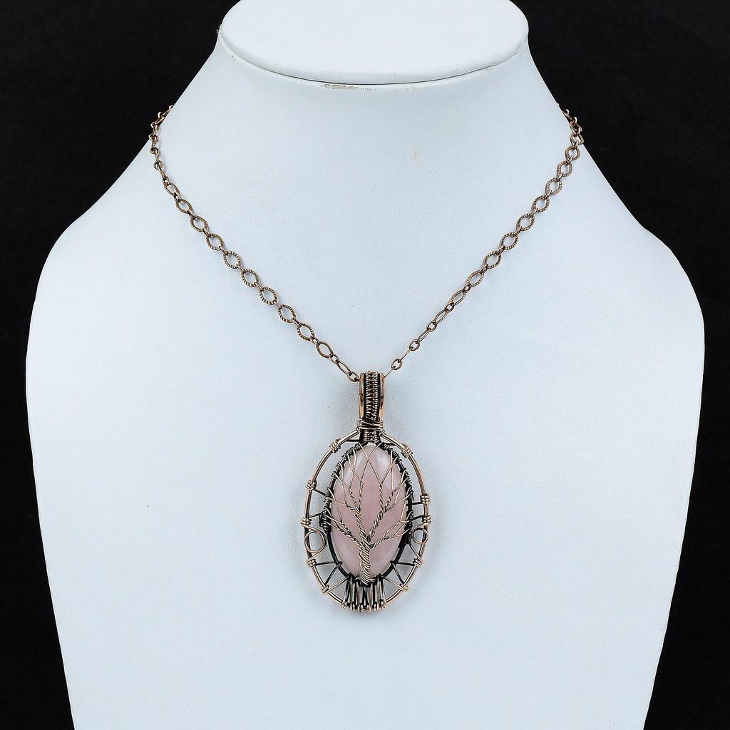 Tree Of Life Rose Quartz Pendant Copper Wire Wrapped Pendant Stylish Pendant Handmade Jewelry Gemstone Pendant For Gift Copper Wire Jewelry