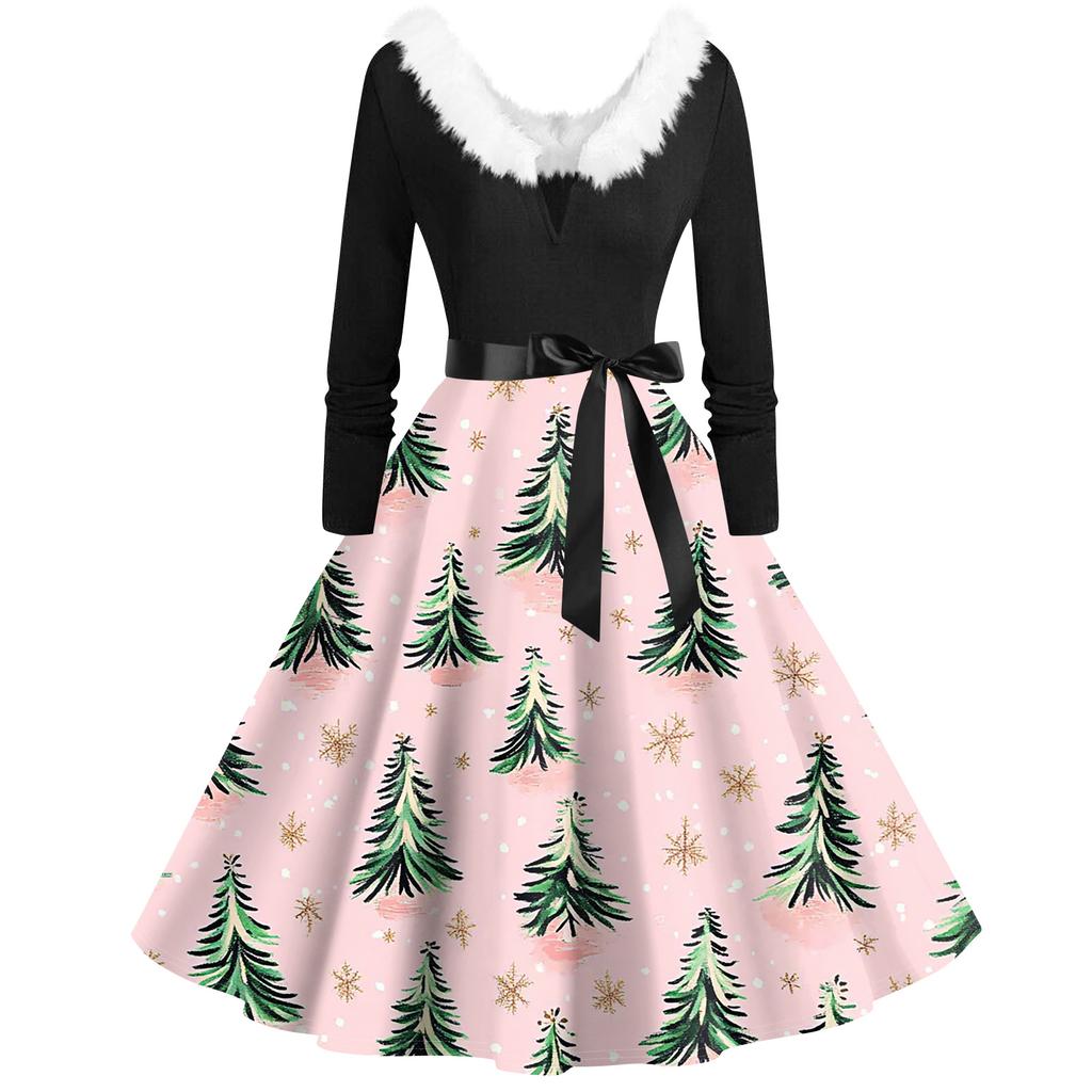 Women's Fashion V-Neck Casual Slim Christmas Printed Long Sleeve Hair Collar Dresses