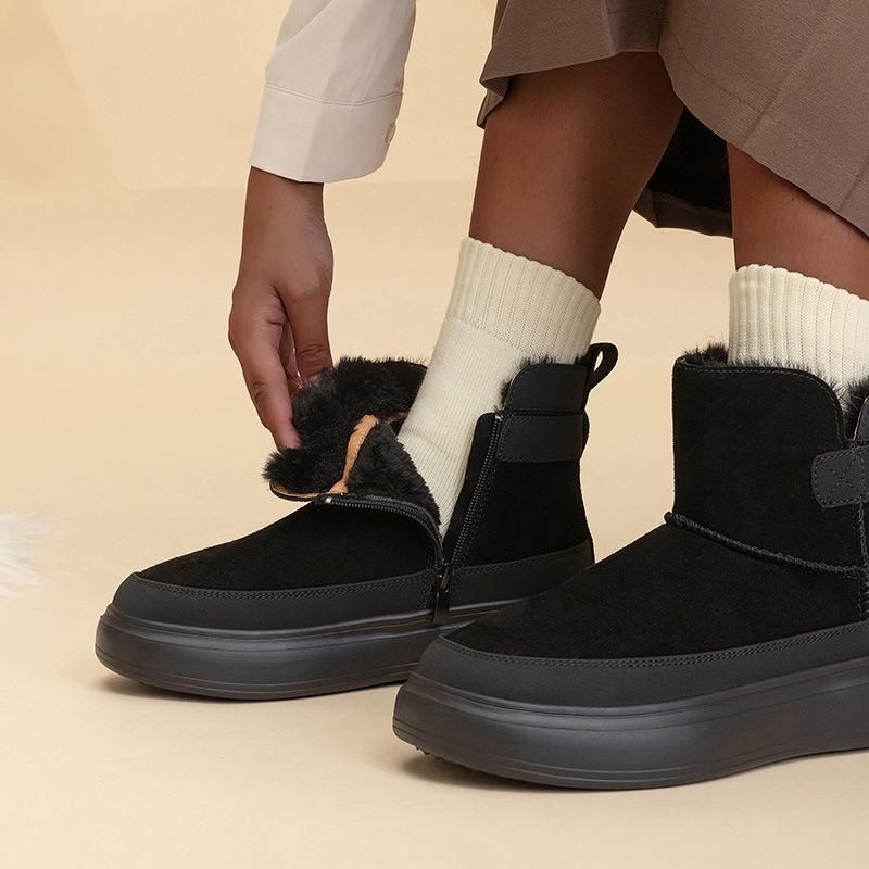 Non-slip leather snow boots for women, winter velvet and thicker 2025 new women's cotton boots, thick-soled short cotton shoes for women