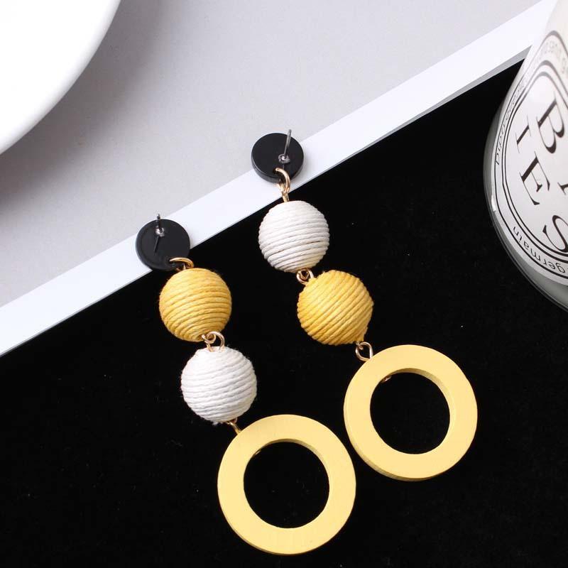 Minimalistic Hemp Rope Ball Dangling Drop Earrings for Women Yellow Color Sweet Cut Out Circle Statement Ladies Jewelry Earrings