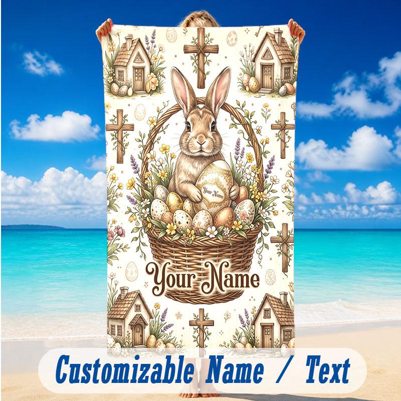 Easter Bunny Theme Beach Towel Personalized Custom Name & Text Soft Quick Dry Beach Towel for Swimming Travel