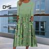 Women's Summer Flowy Midi Dress Boho Floral Pleated Dress with Pockets Casual Half Sleeve Crew Neck Swing Dress