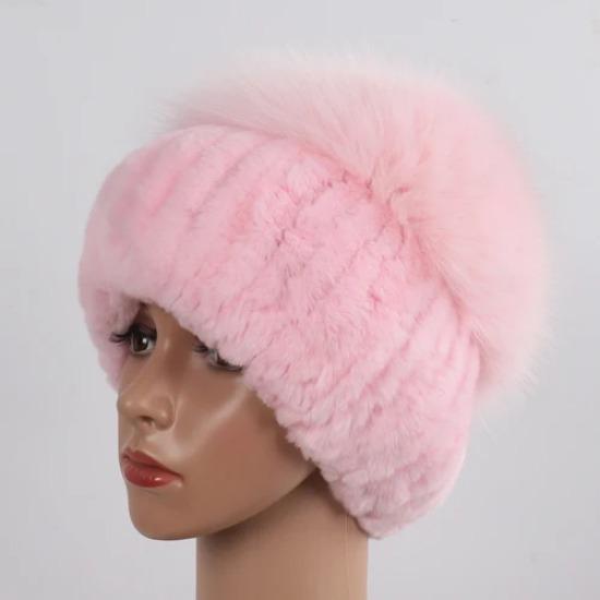 Women Winter Real Fur Hat Scarf 2 Pieces Knitted Rex Rabbit Fur Hat Top Natural Fox Fur Cap Scarves Sets Lady Warm Real Fur Caps