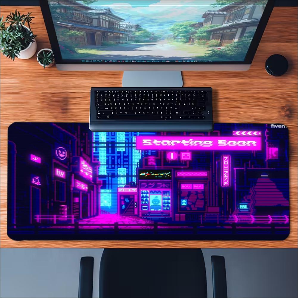 Cyberpunk Neon City Large Extended Mouse Pad Nonslip Rubber Base Stitched Edges Smooth Surface For Work And Office Use