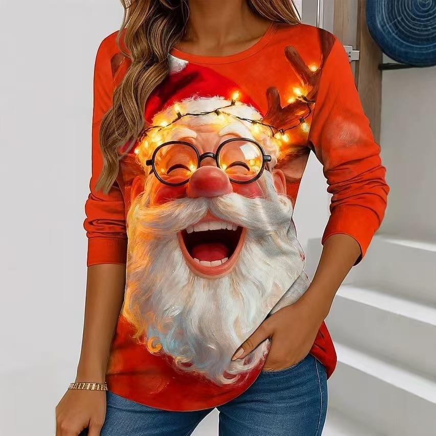 Autumn and Winter Ladies 3D Printed Crew Neck Long Sleeve T-Shirt Santa Claus