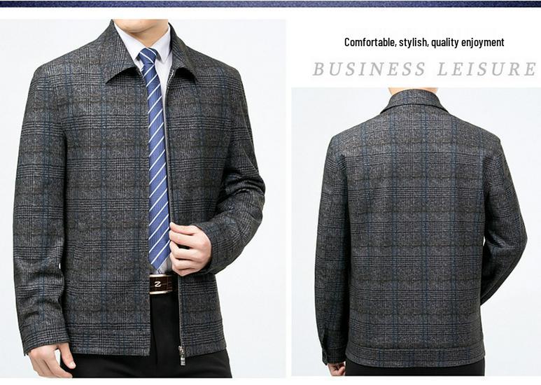 Men's Wool Cashmere Plaid Jacket - Autumn/Winter Business Casual Zip Coat