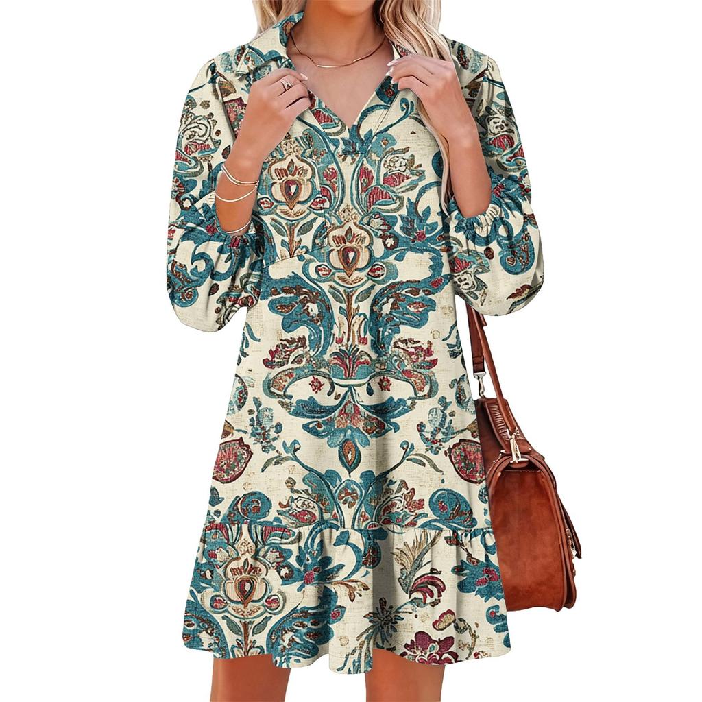 Women's Fashion Elegant Autmn And Winter Long Sleeve V,Neck Christmas Print Dress