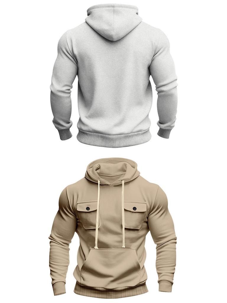 Men's American Style Heavyweight Plus Velvet Hooded Outdoor Workwear Sweatshirt - Multi-Pocket, Long Sleeve, Autumn/Winter Warmth