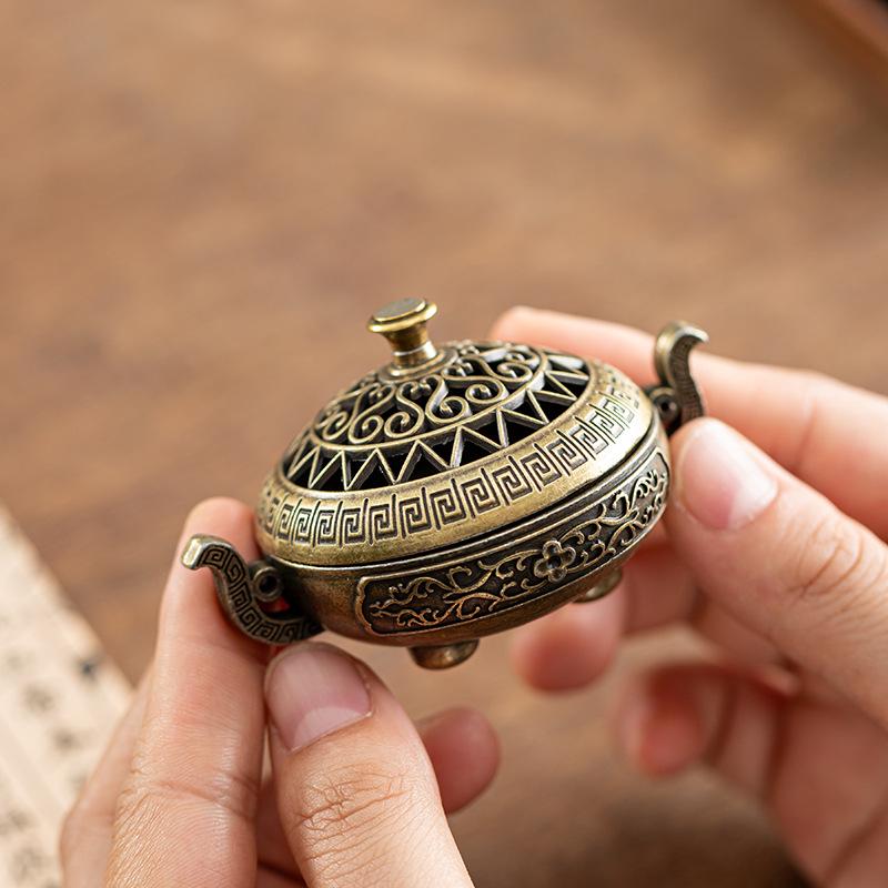Nepal Antique Double-Ear Aromatherapy Furnace: Creative Hollow Tripod Incense Burner for Tea Ceremony or Desktop Ornament.