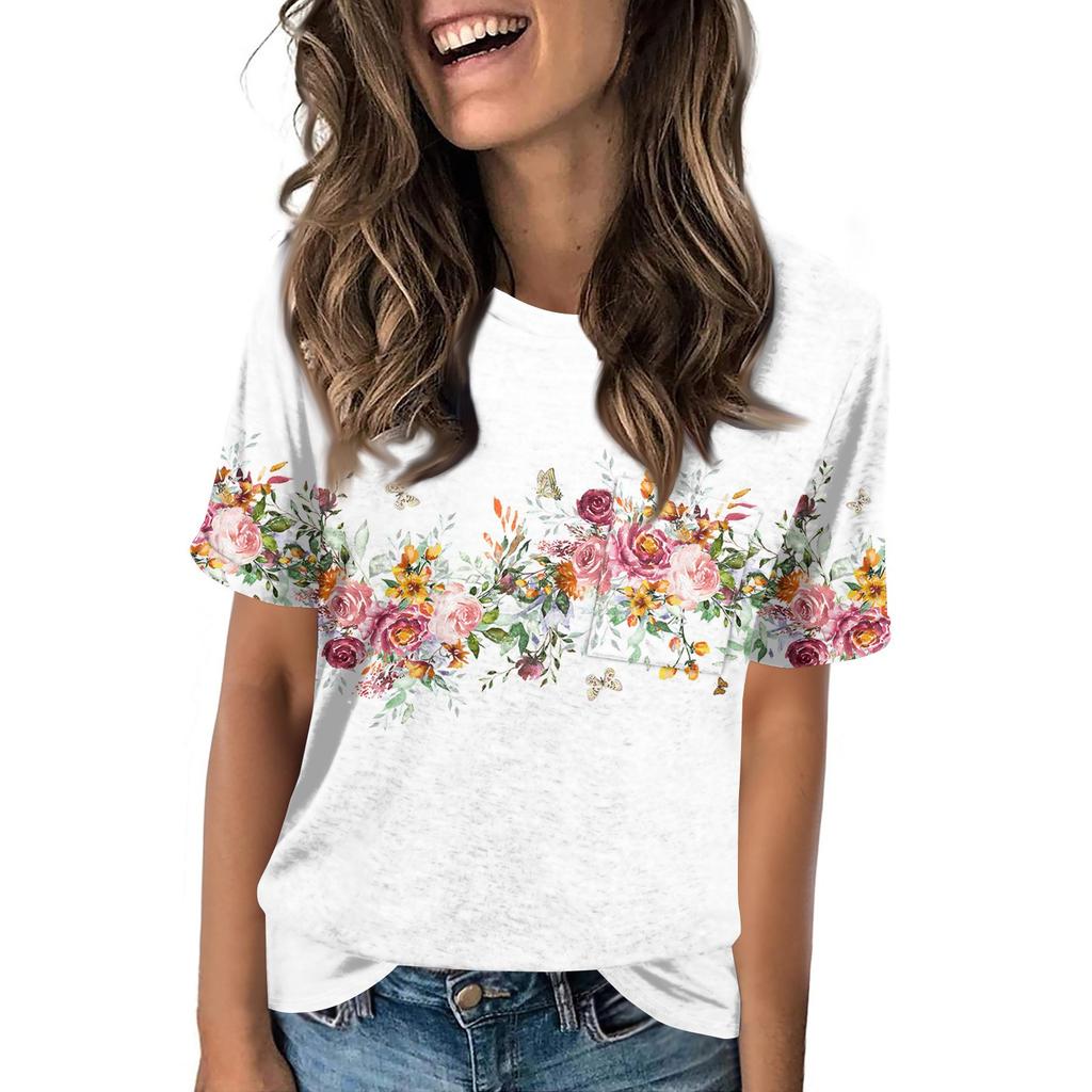 Women's Pocket Floral Print Summer Short Sleeved Round Neck Casual Loose T-shirt Top