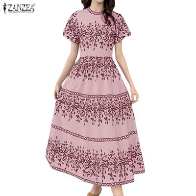 Damen Rundhals Lässiges Kurzarm Print Langes Kleid