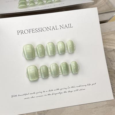 100% HANDMADE Short Coffin Artificial Nail Jade Lover Exquisite Cat Eyes Fake Nails Set With Glue Reusable and Removable Press On Nails