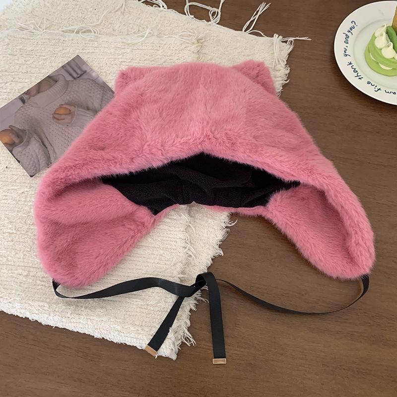 Cute Cat Ears Plush Hat for Women In Autumn and Winter White Thickened Cold Proof and Warm Big Head Circumference Ear Protecting Lei Feng Hat