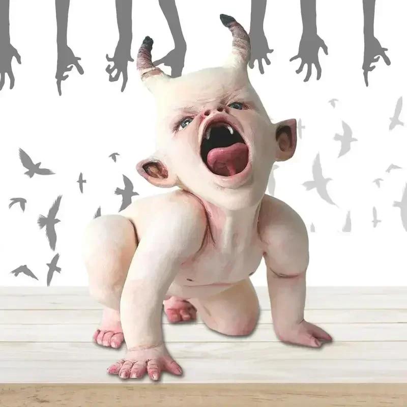 Haunted Horned Zombie Infant Statue - Chilling Halloween Decoration & Sinister Suspended Prop