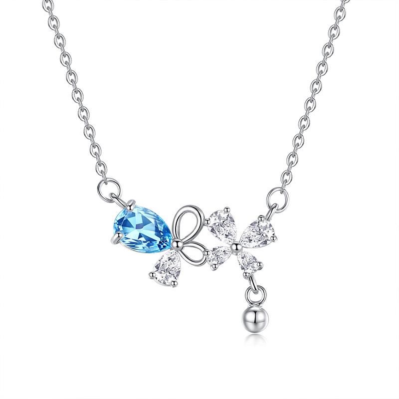 Natural crystal stone s925 sterling silver necklace women's light luxury garnet olivine butterfly love flower niche collarbone chain