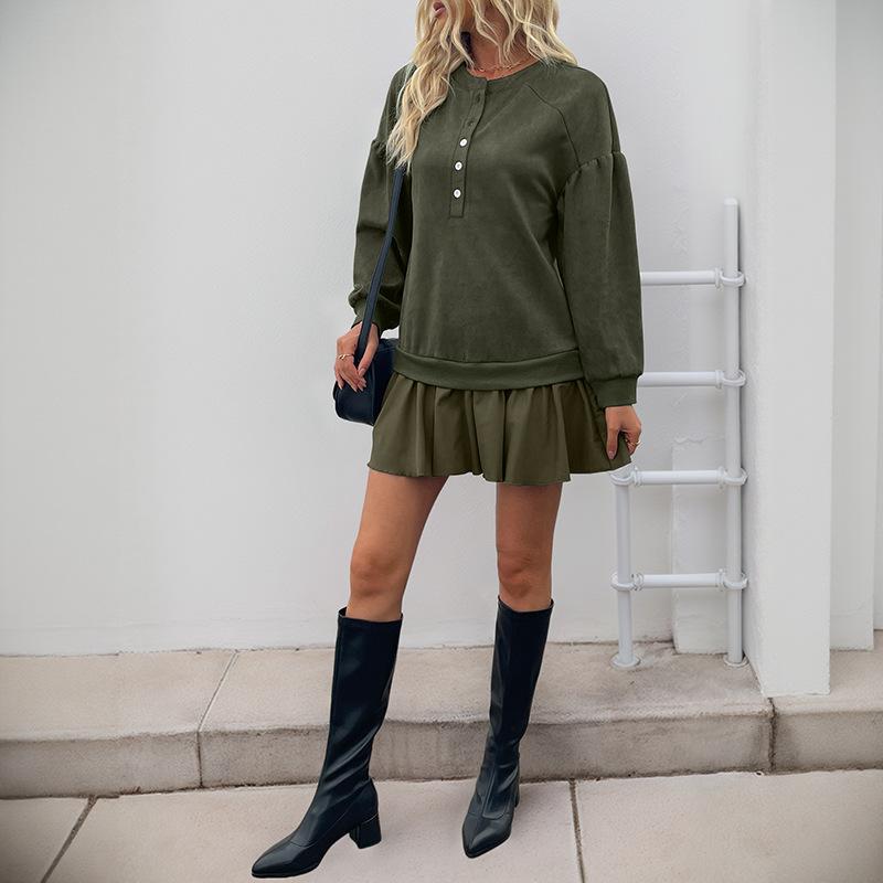 YYFS Women's Fashion Spring Fall Solid Color Print Long Sleeve O-Neck Loose Waistline Casual Dresses