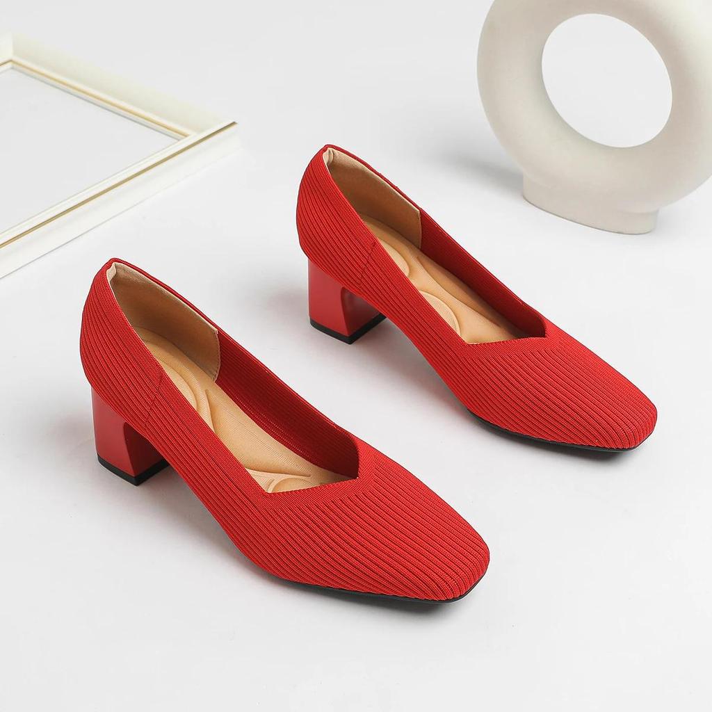 Buty Damskie Wysokie Obcasy Wygodne Kwadratowe Dzianinowe Oddychające Wygodne Damskie Baleriny (5 cm Wysoki) Kolekcja 2025