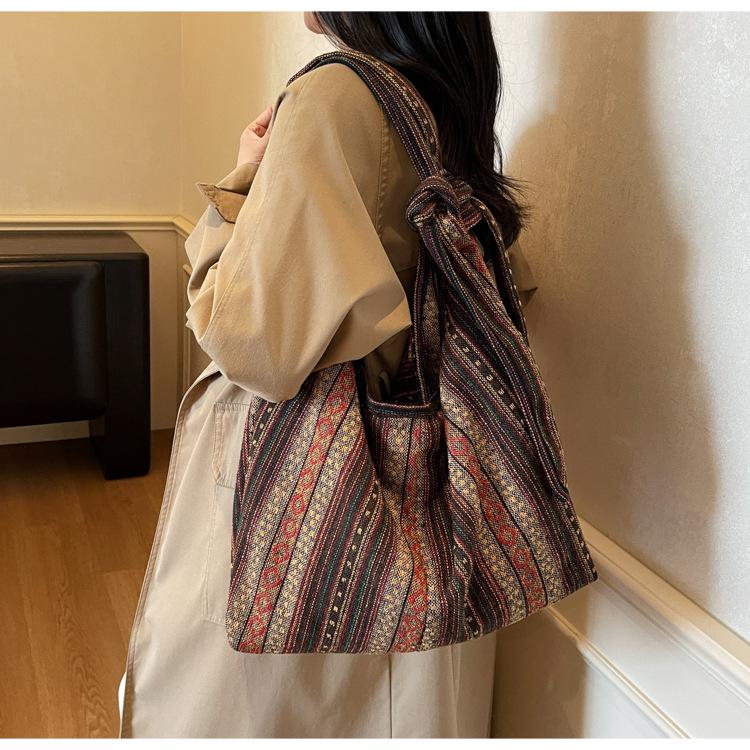 Retro Striped Canvas Shoulder Bag - Large Capacity, Women's Fashion Crossbody