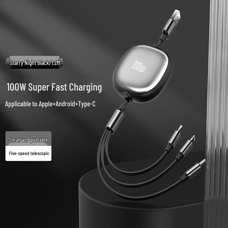 100W Retractable 3-in-1 Fast Charge & Data Cable for Apple, Huawei, Android – PD Charging Compatible.