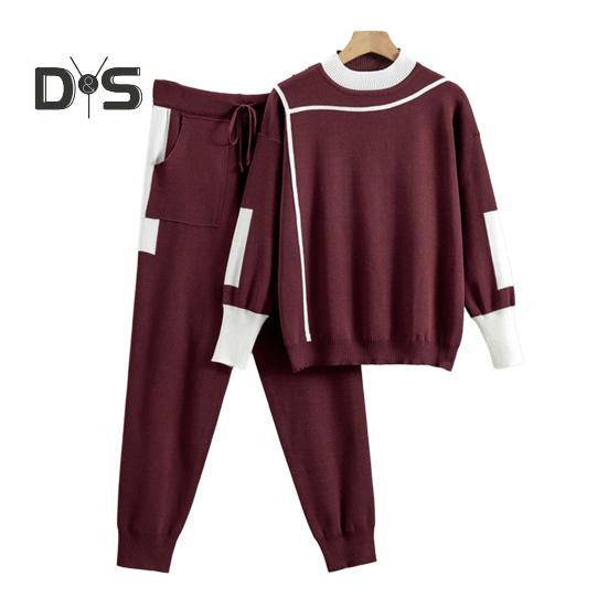 

1 комплект, женский костюм, подходящий по цвету, удобный повседневный комплект из пуловера и брюк с длинными рукавами для дома и улицы 4XL вино красного