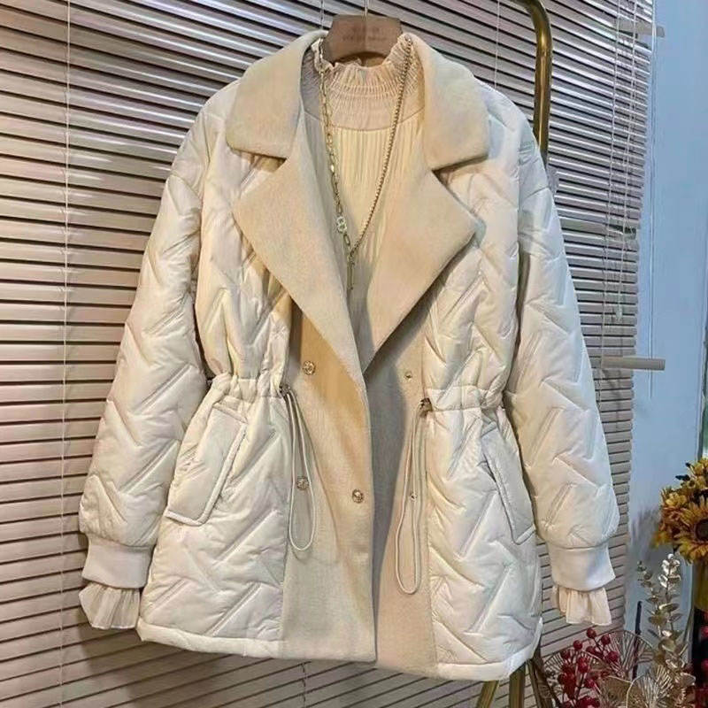 Women Winter Long Parkas Design Lapel Elastic Waist Snow Outwear Ladies Warm Waterproof Patchwork Jacket