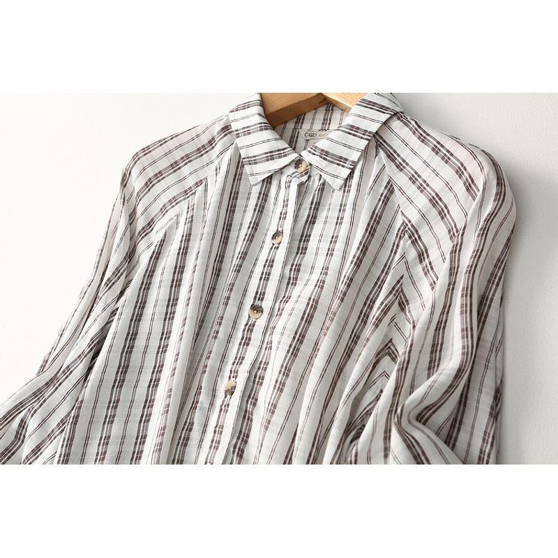 Export Export Loose and Simple Vertical Striped Cotton Silk Shirt Long Sleeves Batwing Artificial Cotton Shirt Plus Size Women's Clothing