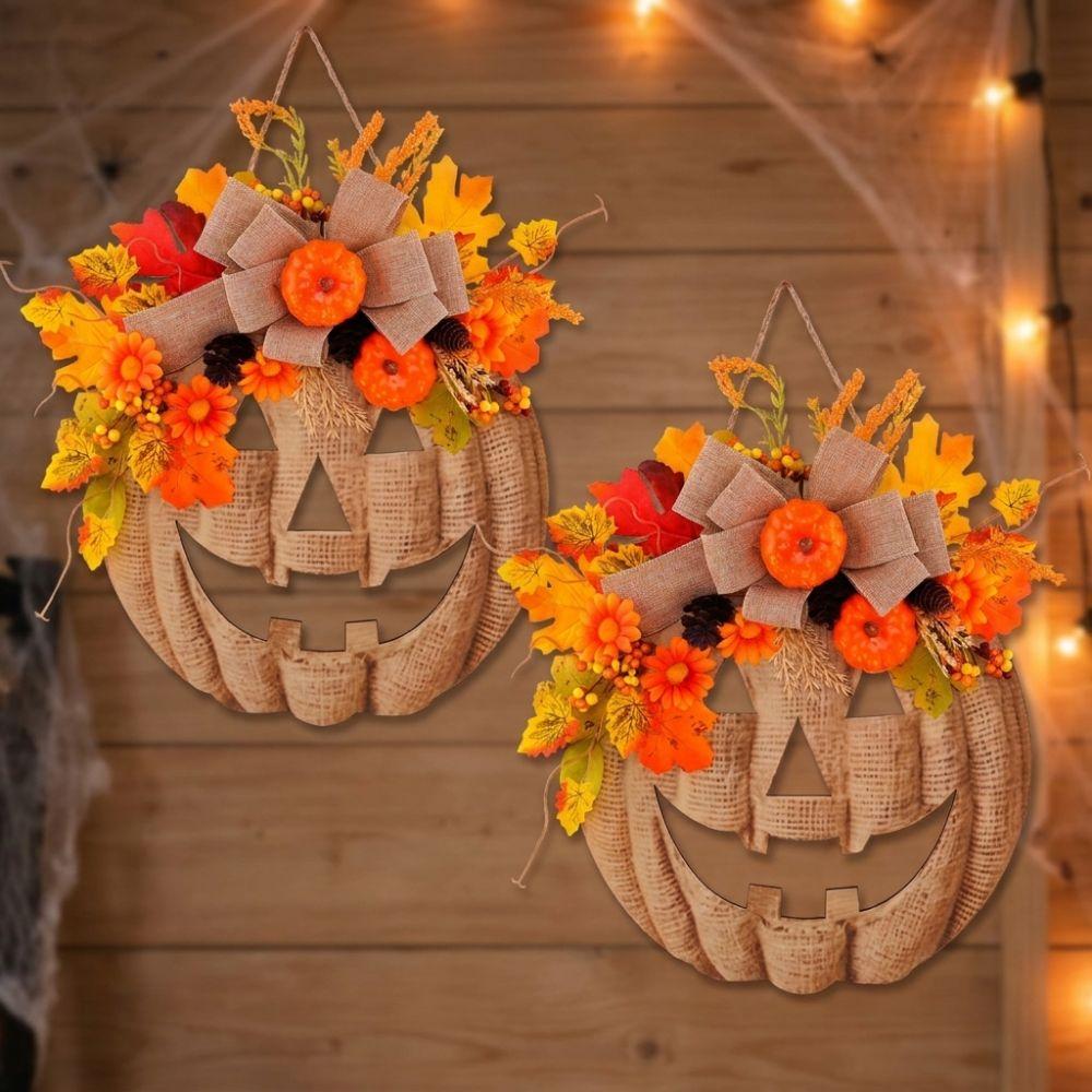 With Bow Halloween Wooden Pumpkin Door Hanger Harvest Maple Leaf Hanging Plaque Autumn Harvest