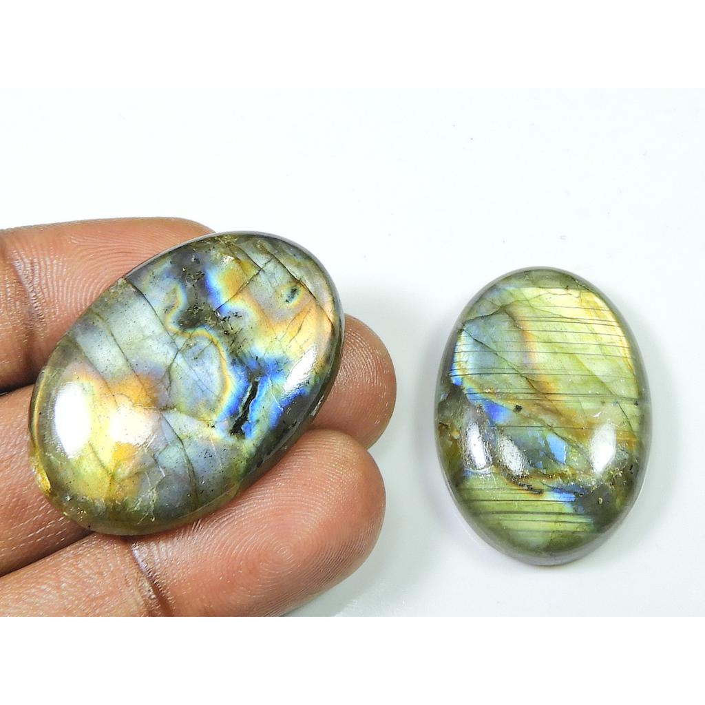 130Cts Labradorite 2Pcs Oval Multi Cabochon Loose Natural Gemstone 37-38MM SK-1286