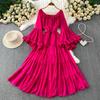 French Vacation Sexy One-word Shoulder Horn Sleeve Dress Women's Summer Senior Feeling Waist Thin Ruffle Edge Dress